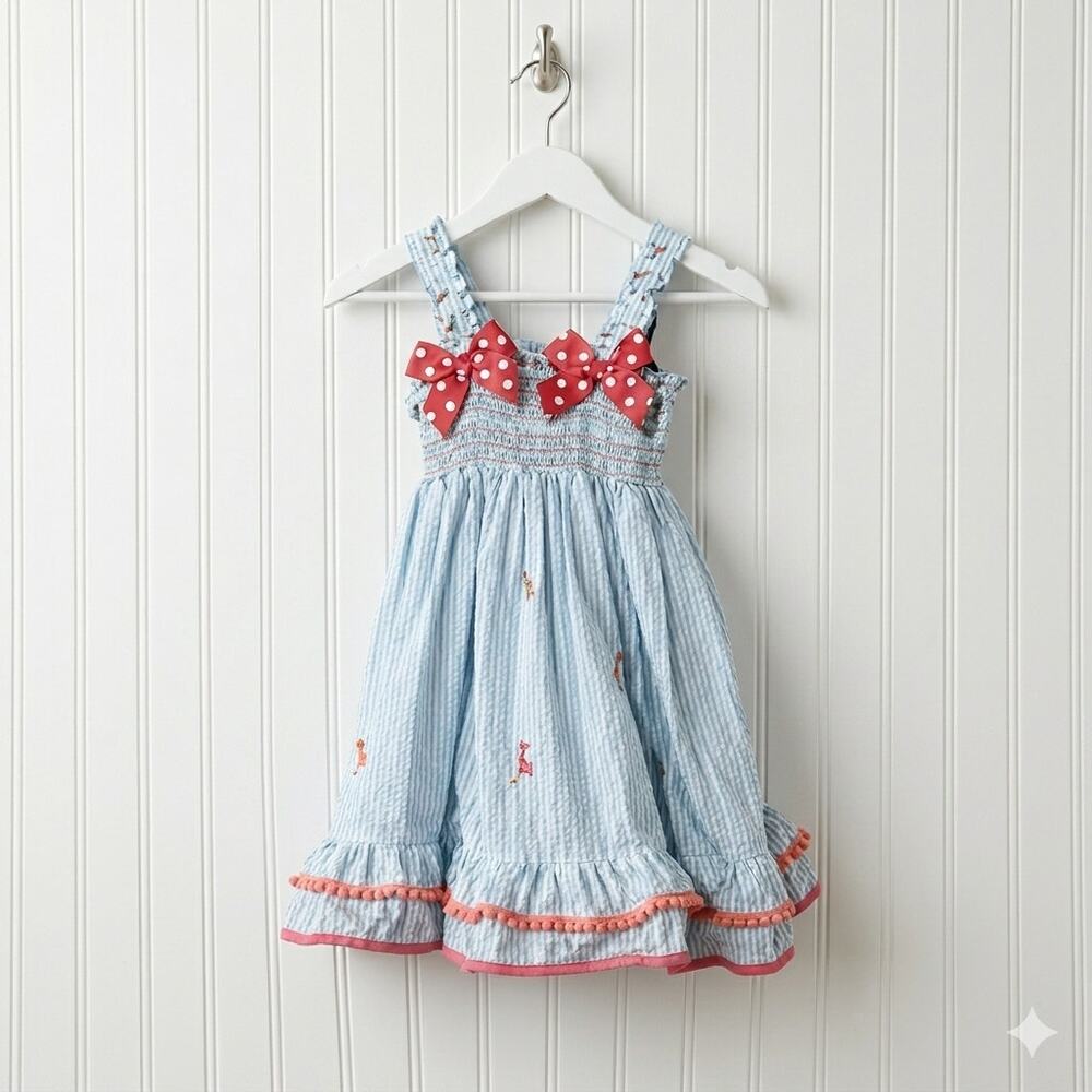 Good Lad Seersucker Sundress Girls 3T Blue White Stripe Flamingo Bows